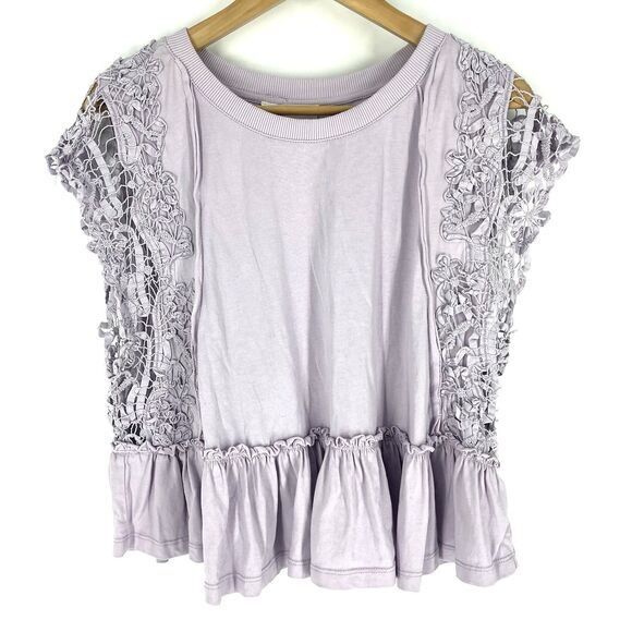 Anthropologie Crop Top Size Medium Lilac Boxy Lace Embroidered Babydoll Peplum - Picture 1 of 9